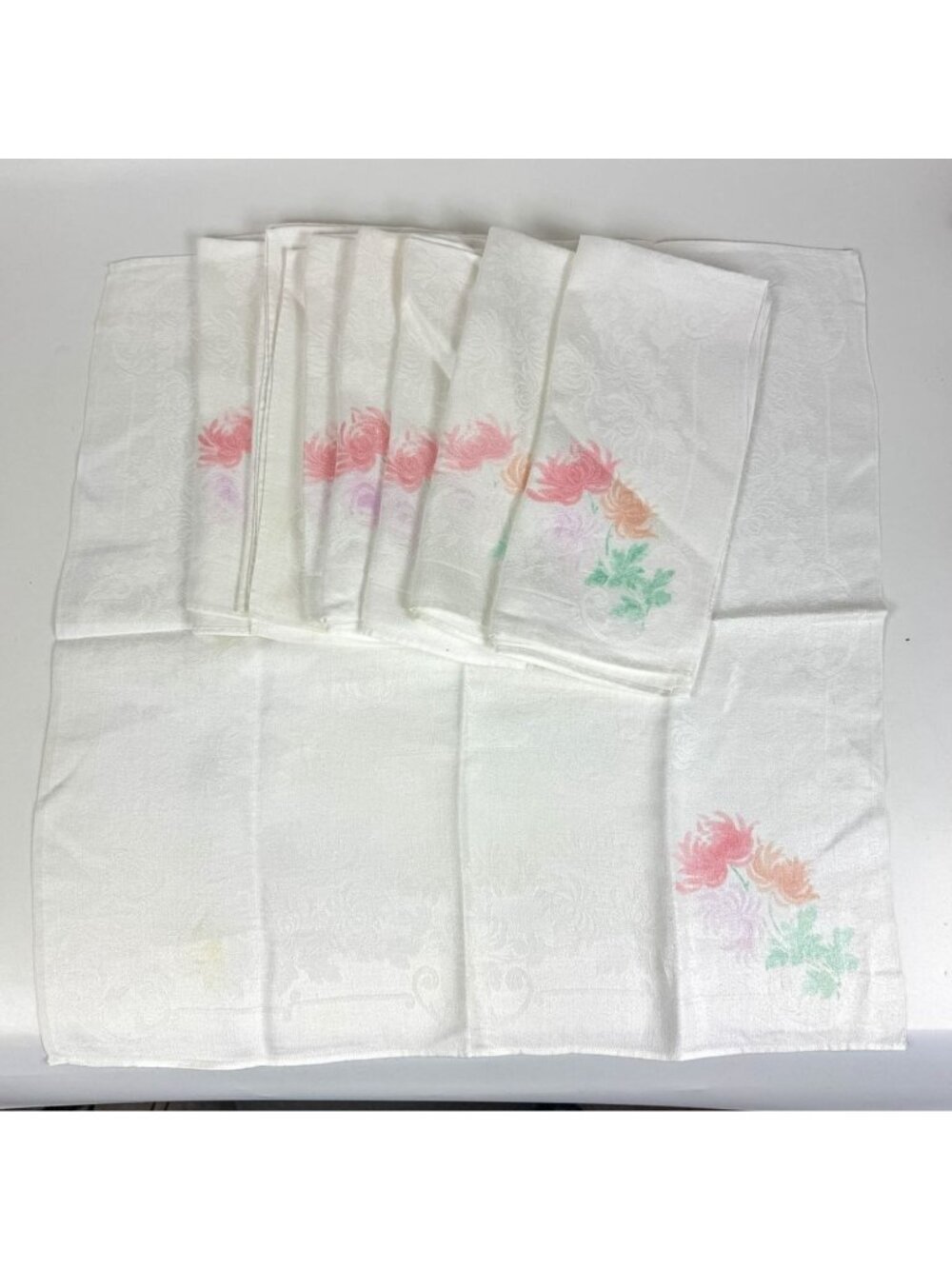 Vintage White Damask Rayon Napkins Pastel Floral Chrysanthemum Set Of 8